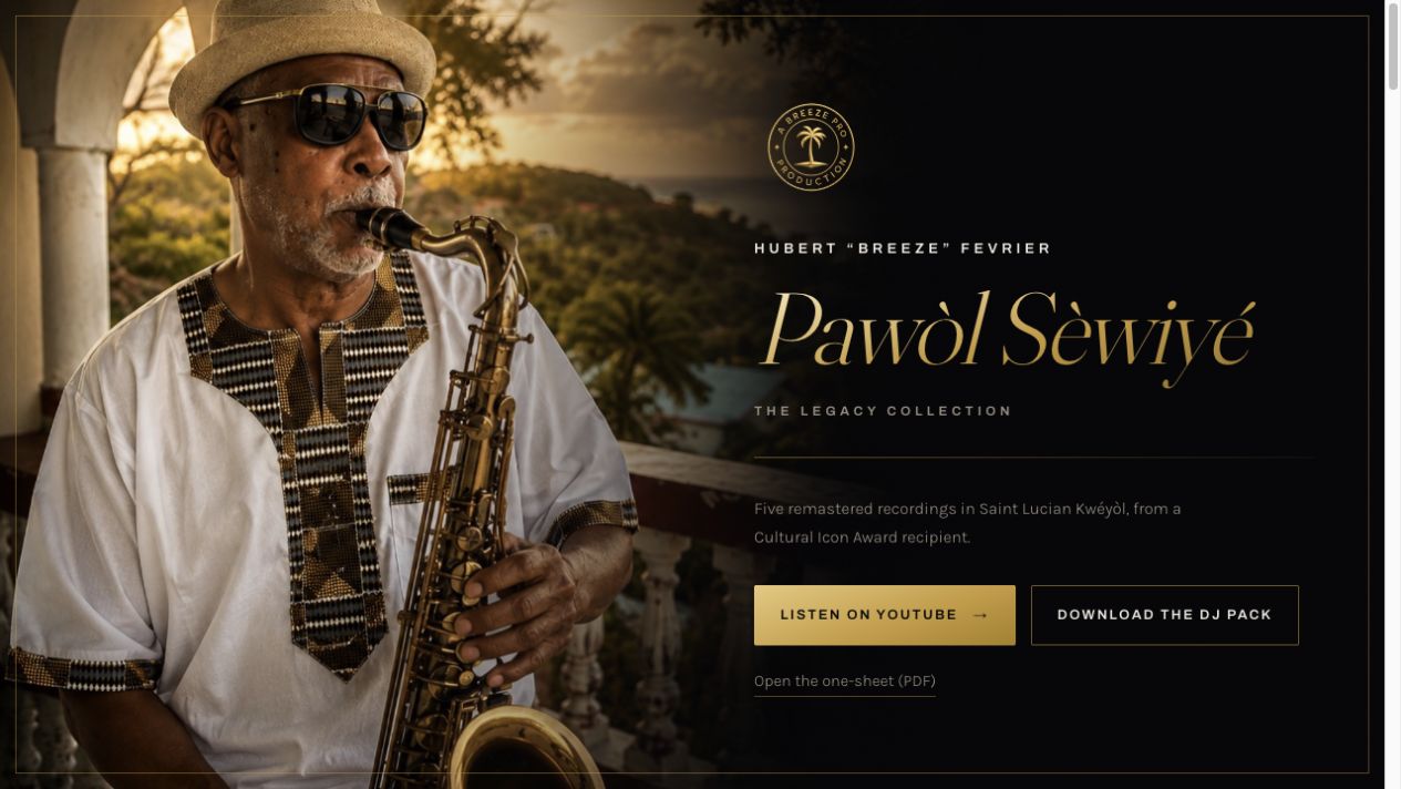 Breeze Fevrier’s website, featuring a saxophone portrait and gold Pawòl Sèwiyé album lettering.
