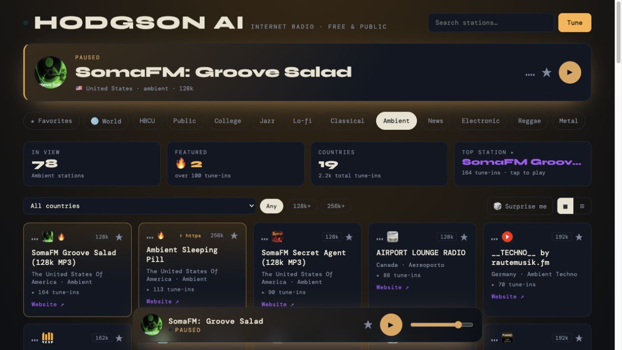 Hodgson AI Radio interface with station cards, genre filters, and an audio player.