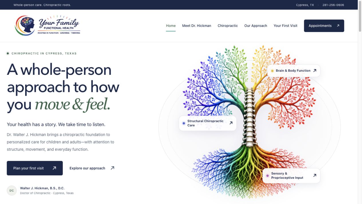 Your Family Functional Health homepage with its colorful tree illustration and guide to care.